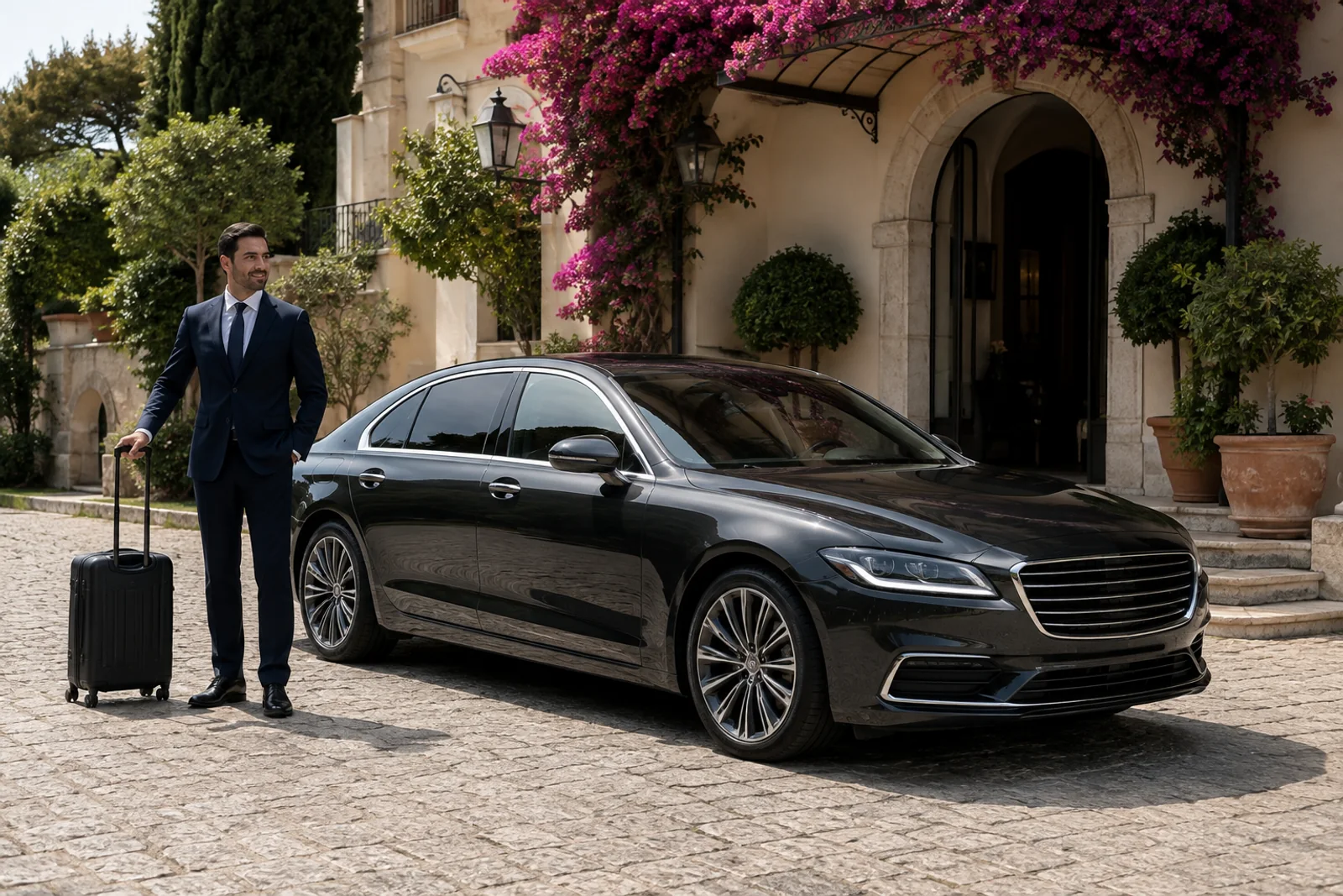 Illustrative image of a car with a driver and suitcase outside a hotel