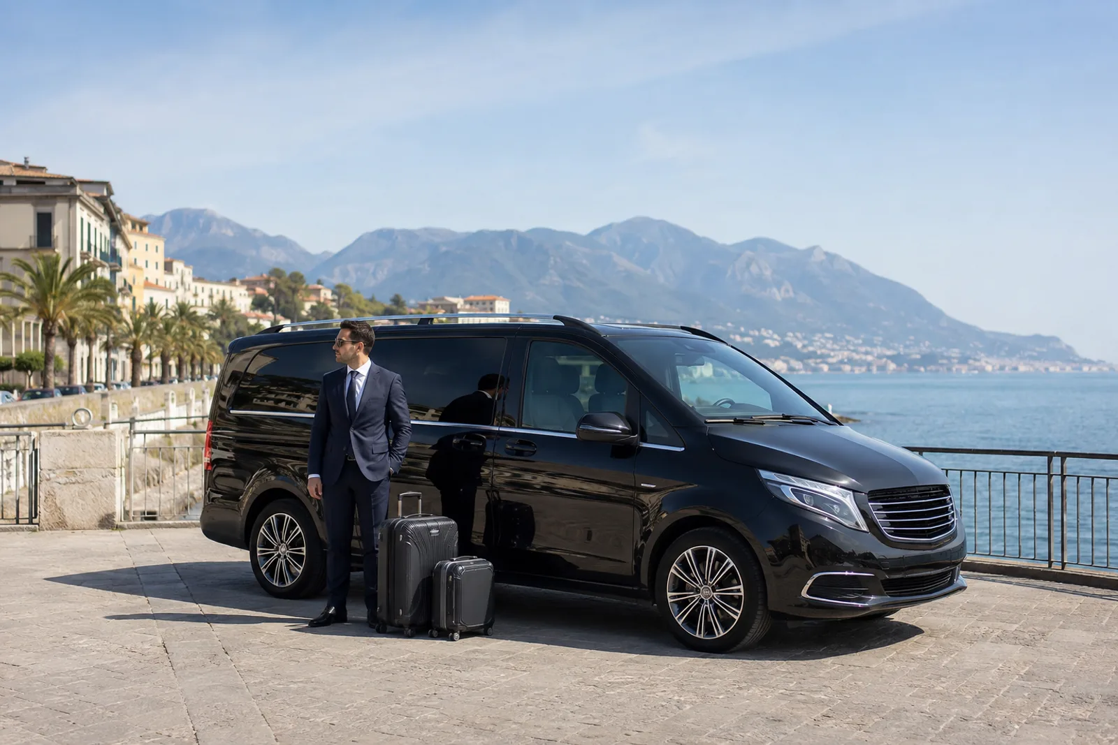 Illustrative image of a black van with a driver and luggage at a Mediterranean harbour
