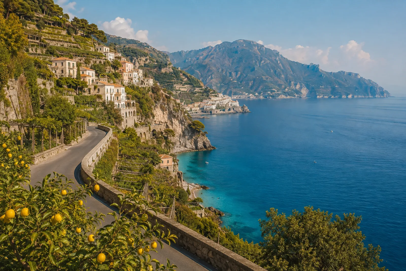 Illustrative image of a scenic coastal road and villages on the Amalfi Coast